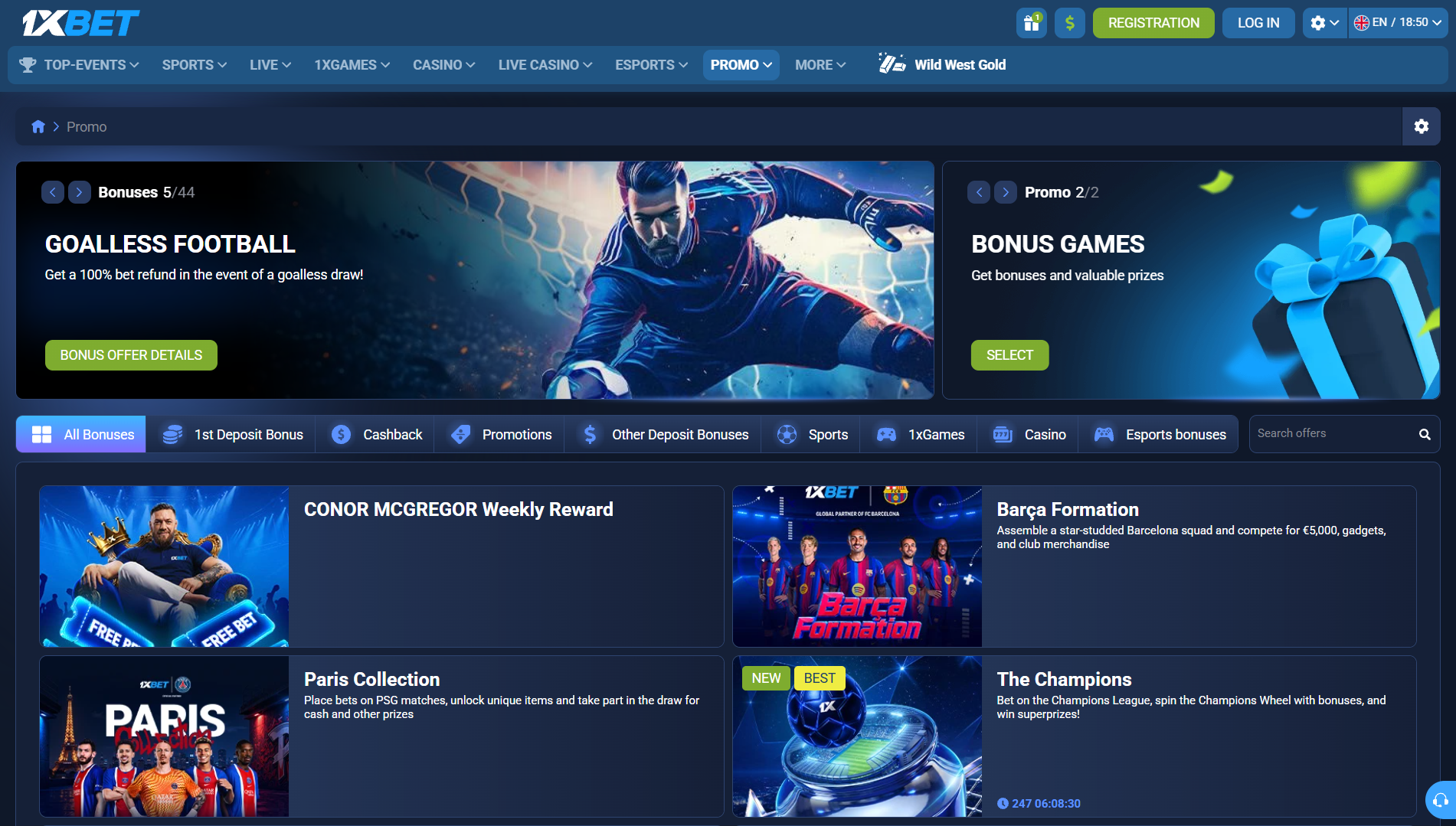 1xBet promotions page with bonus categories and a Bonus Offer Details control